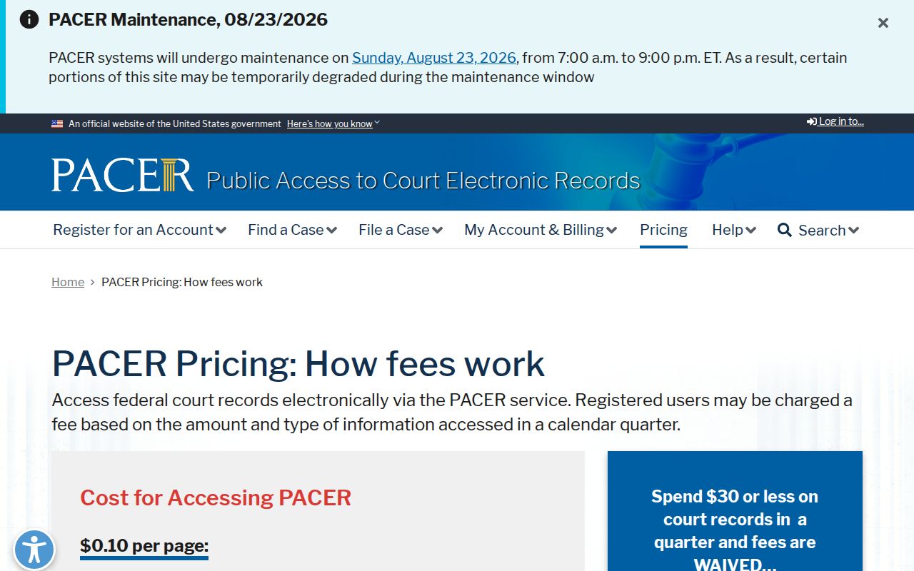 Brownstown court docket federal PACER pricing