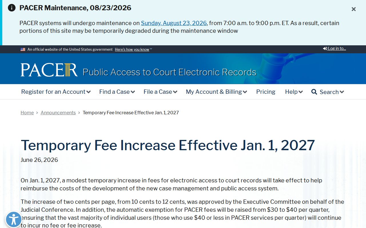 Brownstown docket search future PACER fee notice