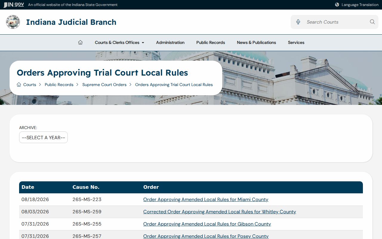 Medora court docket Indiana local rules orders